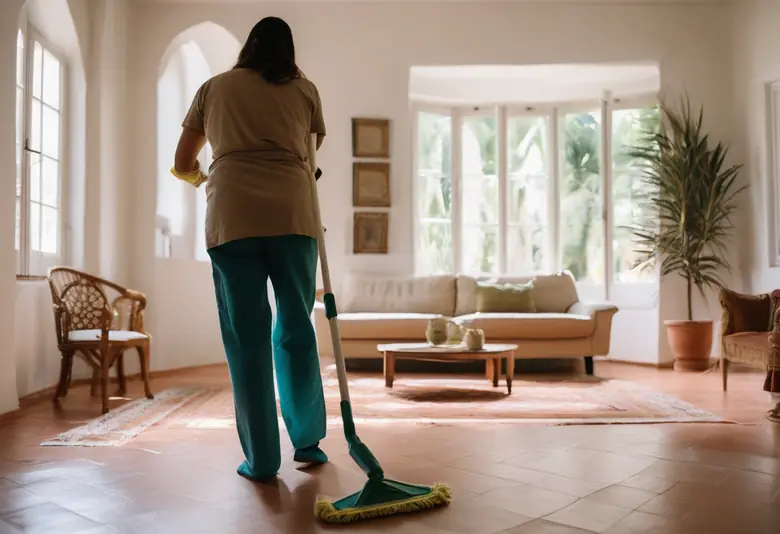 Persona fregando el suelo de un salón luminoso